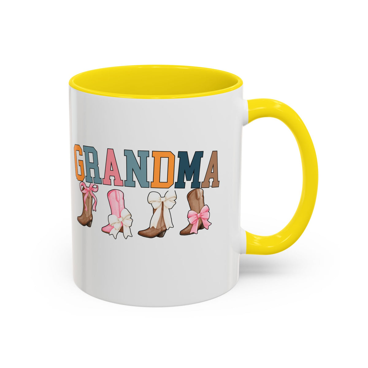 Grandma Letters Coffee Mug in Retro Colors with Cowboy Boots and Bows – 11oz & 15oz Accent Mug – Cute Western Gift for Grandma