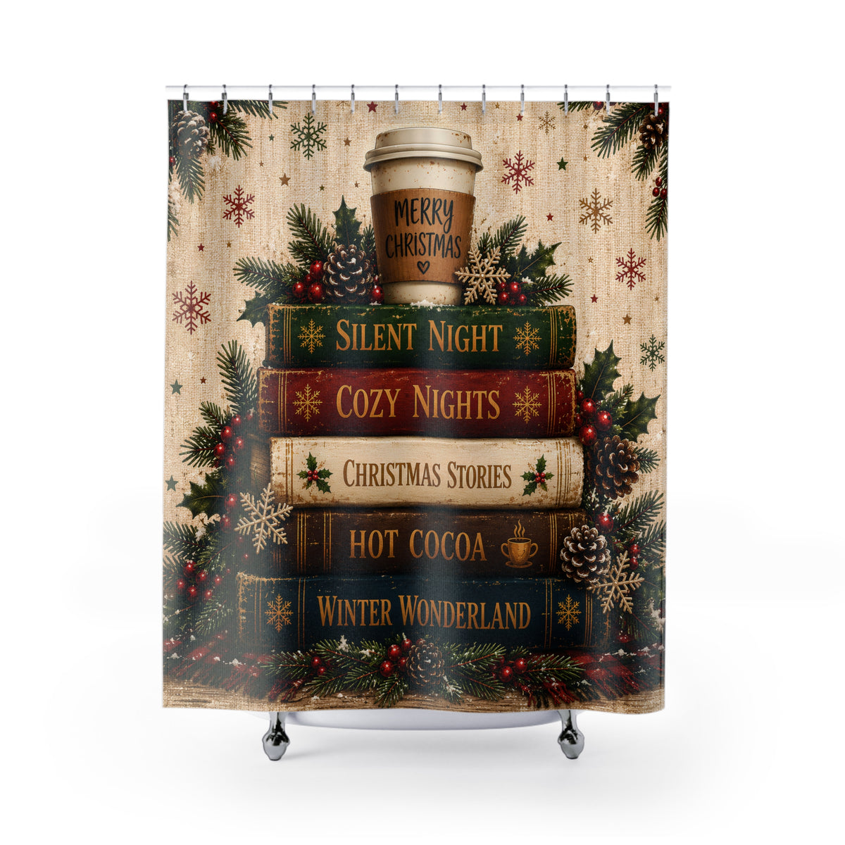 Christmas Book Stack Shower Curtain Silent Night Hot Cocoa Winter Wonderland Rustic Farmhouse Holiday Bathroom Decor