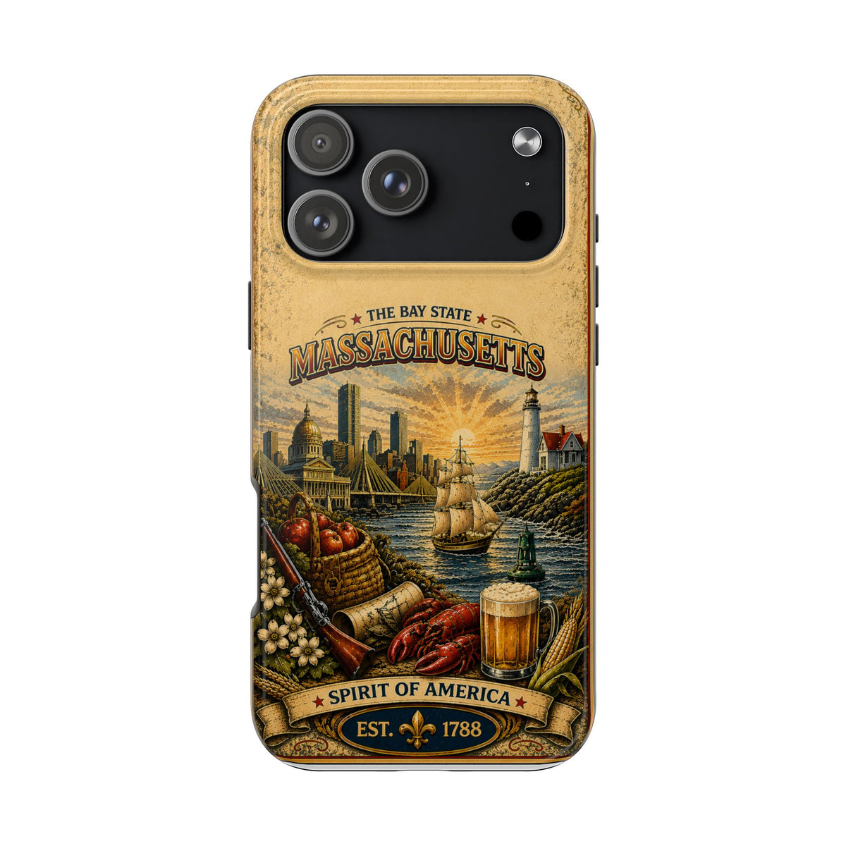 Massachusetts Bay State Faux Patchwork Phone Case – Vintage Travel Poster Style New England Souvenir Cover for iPhone & Samsung