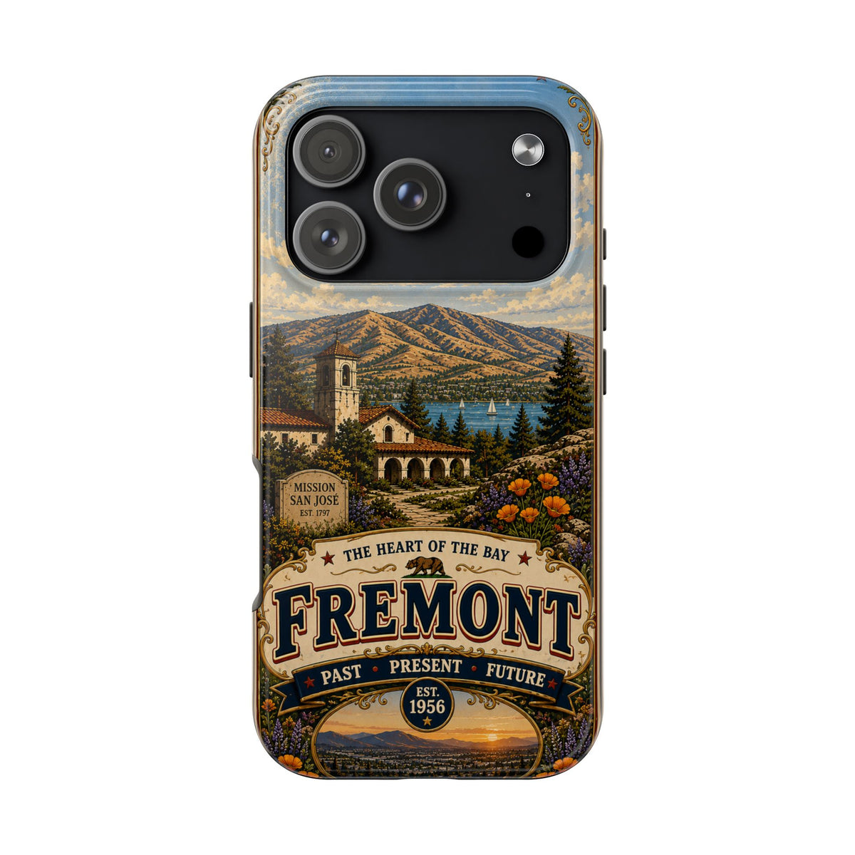 Fremont California Faux Patchwork Phone Case – Heart of the Bay Retro Travel Art, Mission San José Landmark Cover
