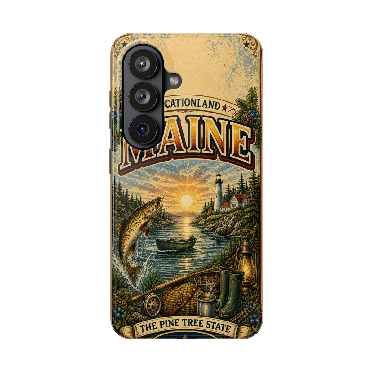 Maine Vacationland Faux Patchwork Phone Case – Vintage Travel Poster Style Coastal Maine Souvenir Cover for iPhone & Samsung