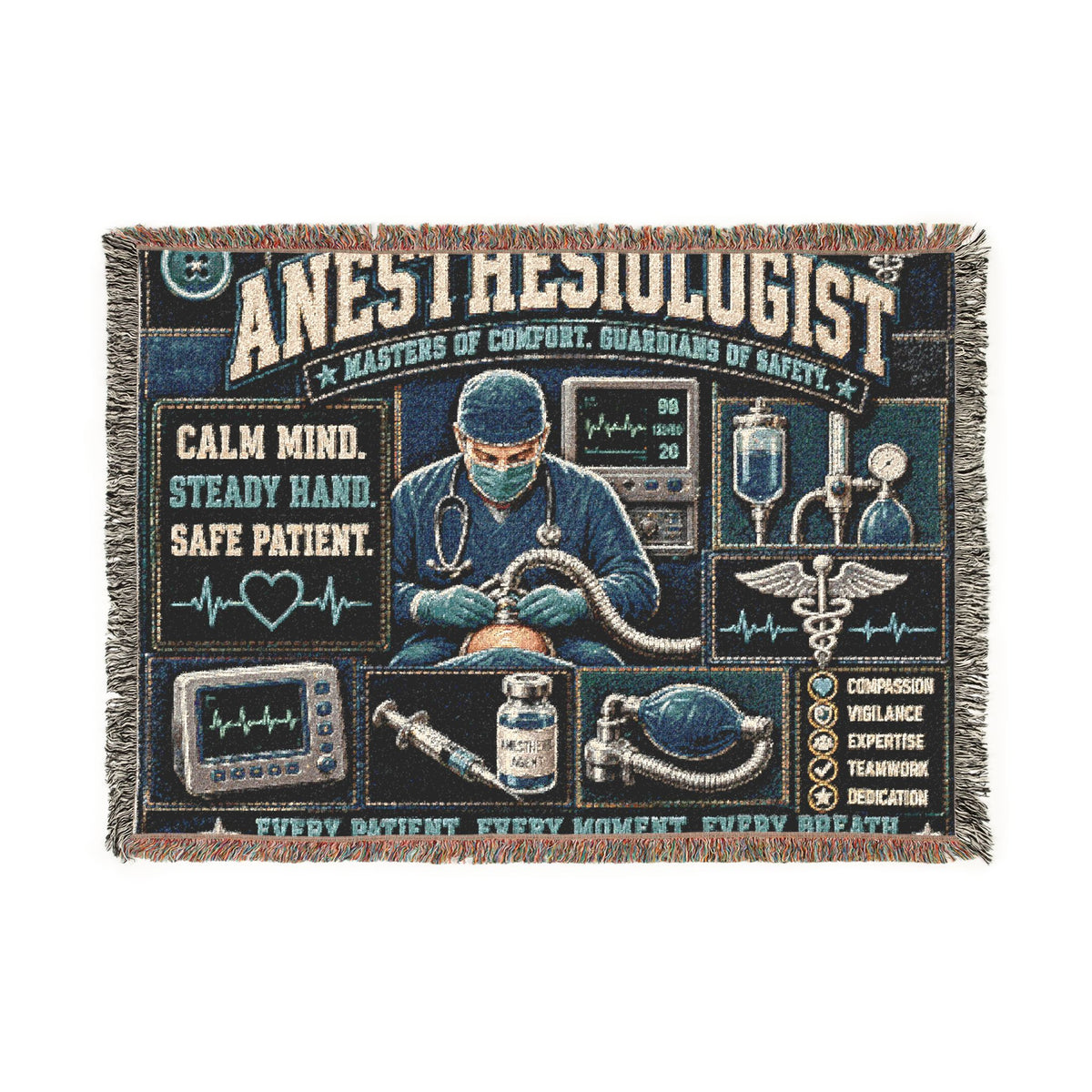 Anesthesiologist Woven Blanket – Calm Mind Steady Hand Safe Patient Faux Patchwork Medical Office Wall Decor Throw