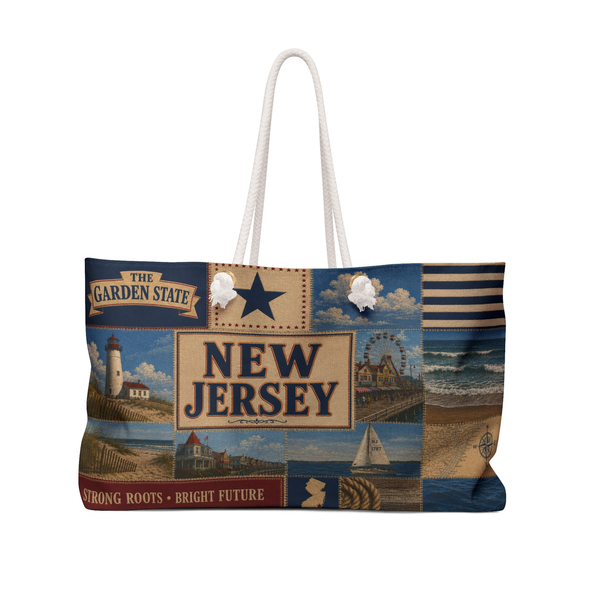 New Jersey Weekender Bag Garden State Faux Patchwork Travel Tote Jersey Shore Coastal Beach Vacation Souvenir Gift