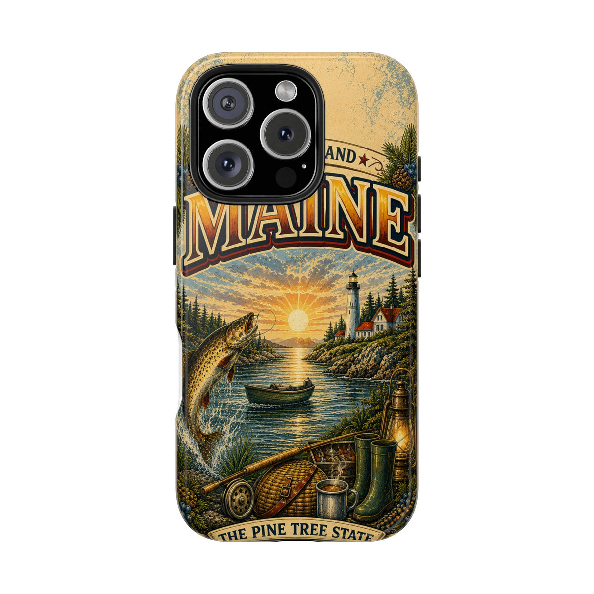 Maine Vacationland Faux Patchwork Phone Case – Vintage Travel Poster Style Coastal Maine Souvenir Cover for iPhone & Samsung