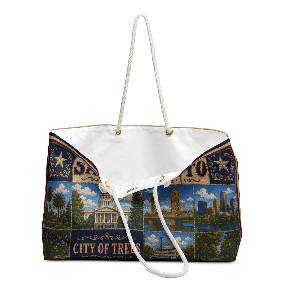 Sacramento California Weekender Bag City of Trees Faux Patchwork Travel Tote Vintage Capital City Getaway Gift