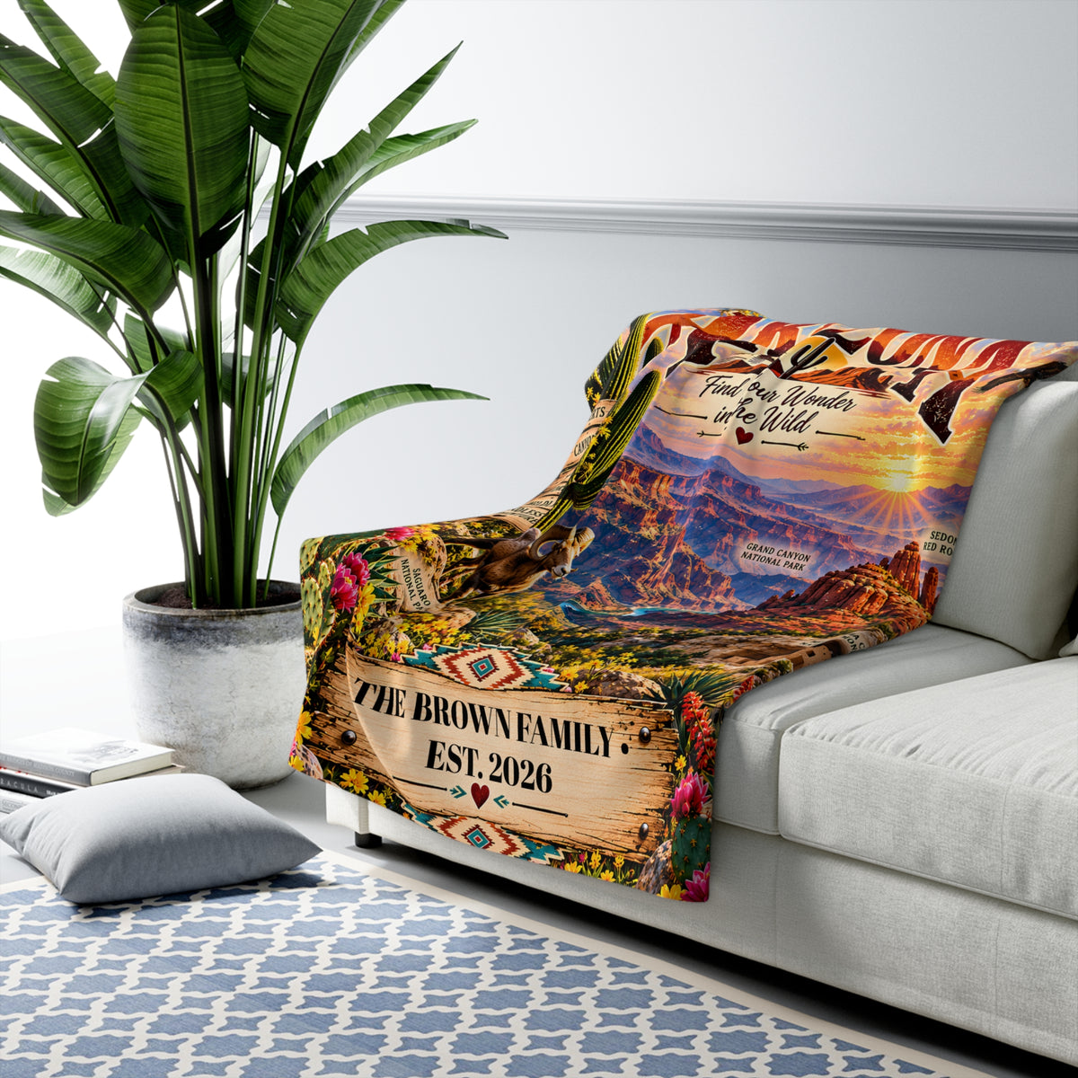 Arizona Personalized Sherpa Fleece Blanket, Grand Canyon Desert Landmarks Custom Family Name Blanket