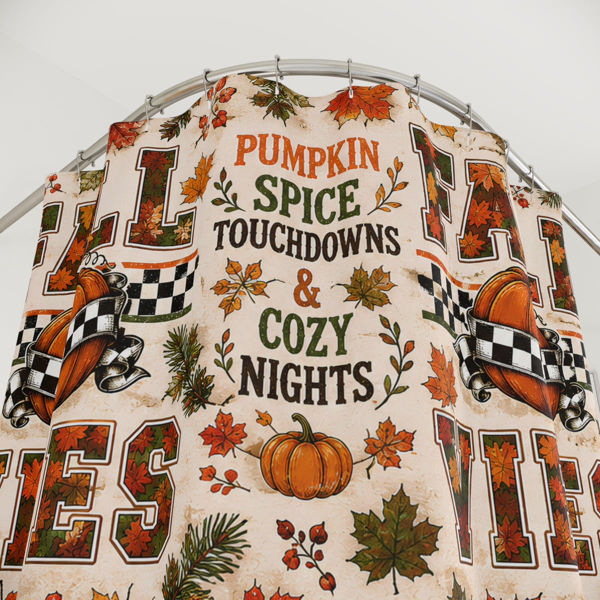 Fall Vibes Shower Curtain Pumpkin Spice Football Touchdowns Autumn Leaves Checkered Pumpkins Cozy Rustic Bathroom Decor