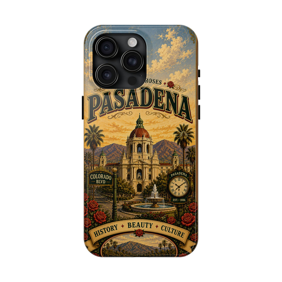 Pasadena City of Roses Faux Patchwork Phone Case – Vintage California Landmark Travel Art Cover