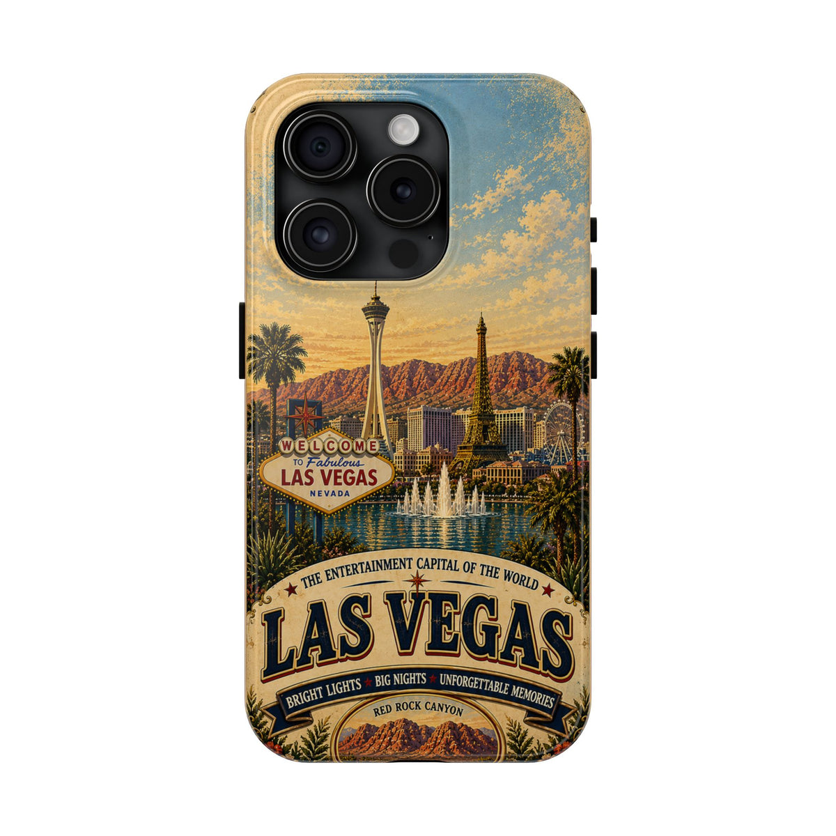 Las Vegas Faux Patchwork Phone Case – Entertainment Capital Retro Travel Art, Strip Skyline & Desert Sunset Cover