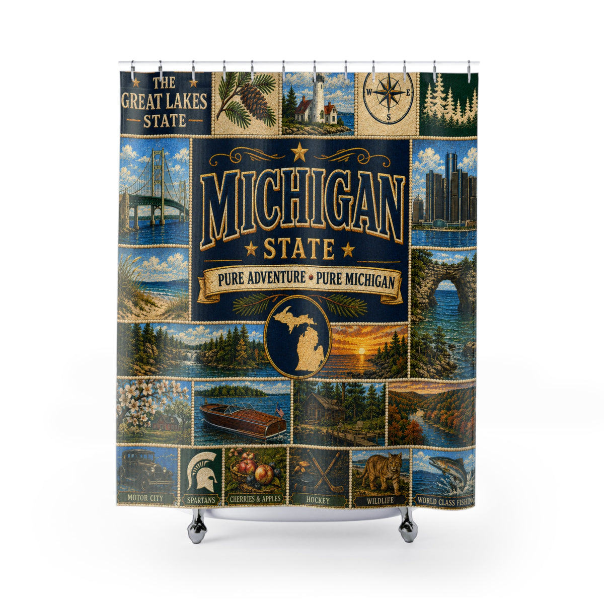 Michigan Shower Curtain, Great Lakes State Decor, Scenic Lake Life Faux Patchwork, Michigan Landmark Bathroom Decor