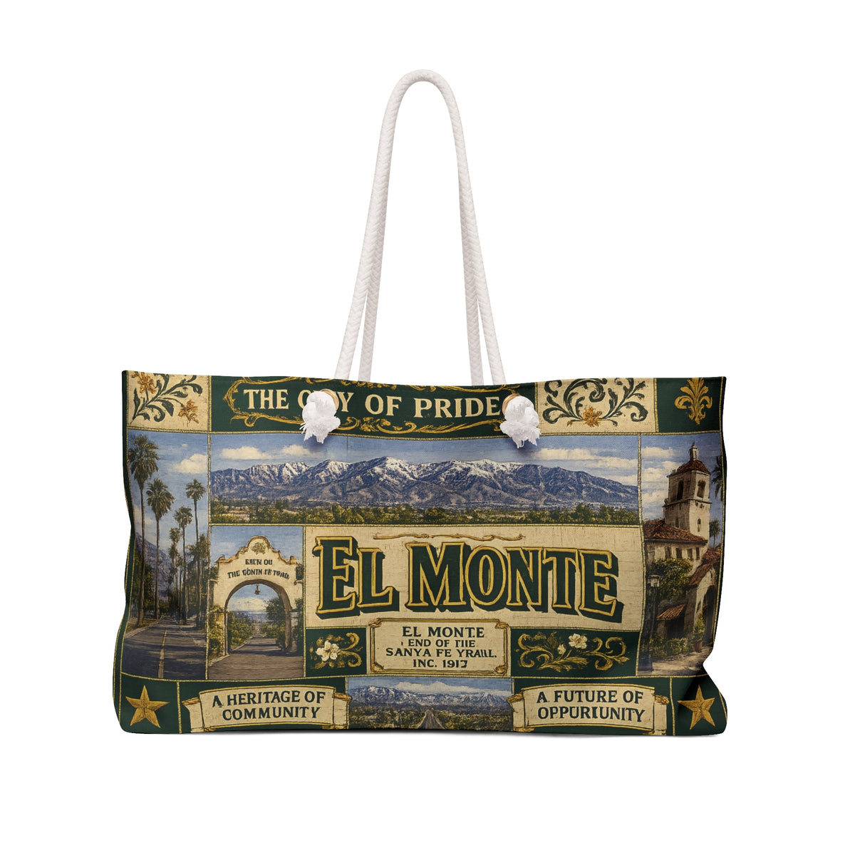 El Monte California Weekender Bag City of Pride Faux Patchwork Travel Tote End of the Santa Fe Trail Heritage Gift