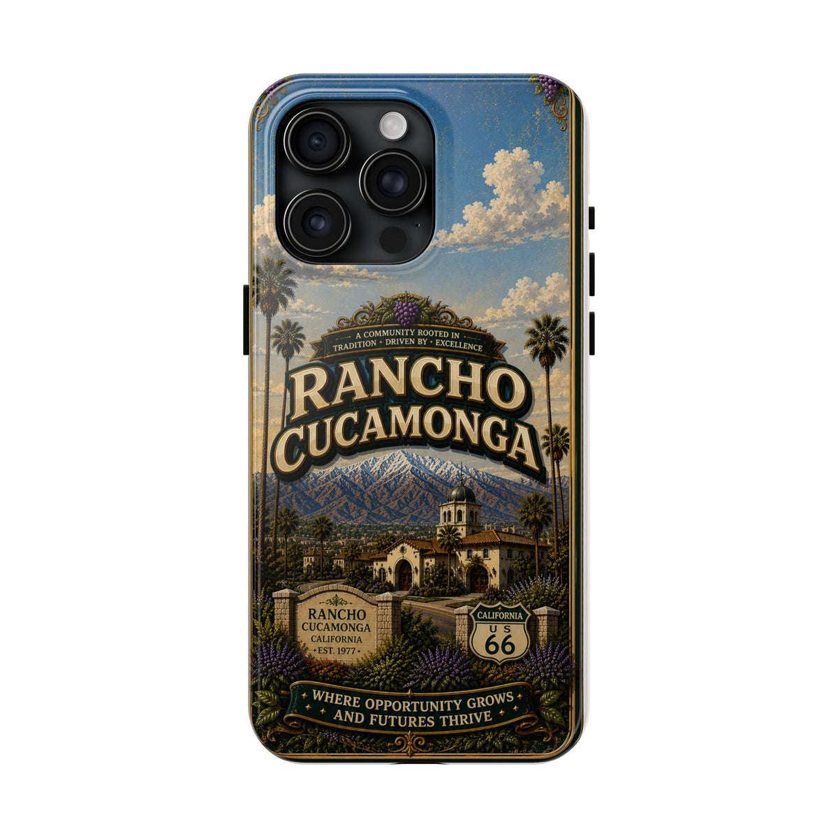 Rancho Cucamonga Where Opportunity Grows Faux Patchwork Phone Case – Route 66 Vintage Travel Art Cover