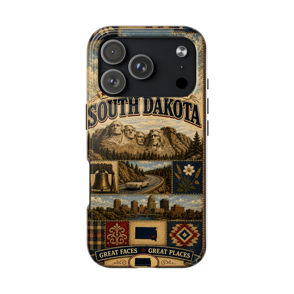 South Dakota Faux Patchwork Phone Case Mount Rushmore State Retro Bison Scenic Road State Pride Cover