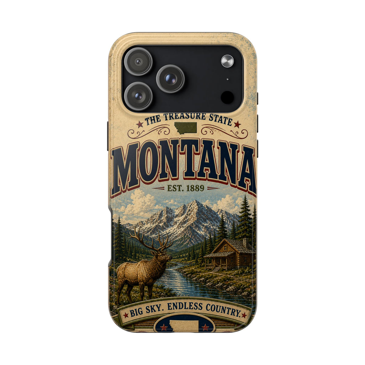 Montana Big Sky Country Faux Patchwork Phone Case – Vintage Travel Poster Scenic Mountain Design for iPhone & Samsung