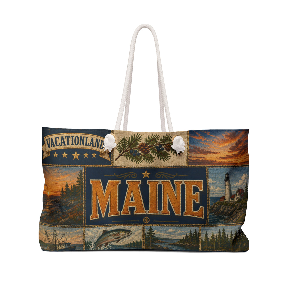 Maine Weekender Bag Vacationland Faux Patchwork Travel Tote Pine Tree State Coastal Adventure Souvenir Gift