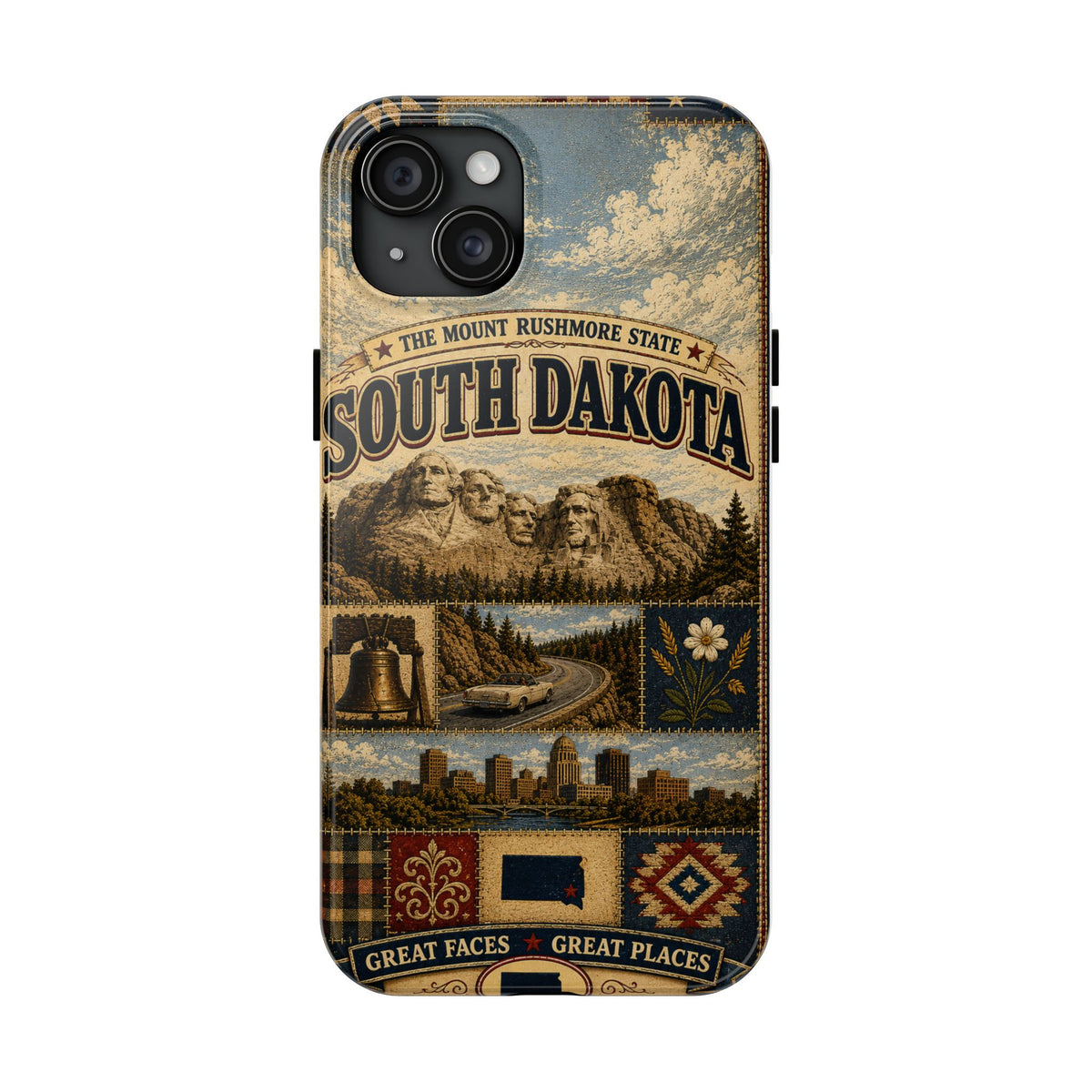 South Dakota Faux Patchwork Phone Case Mount Rushmore State Retro Bison Scenic Road State Pride Cover