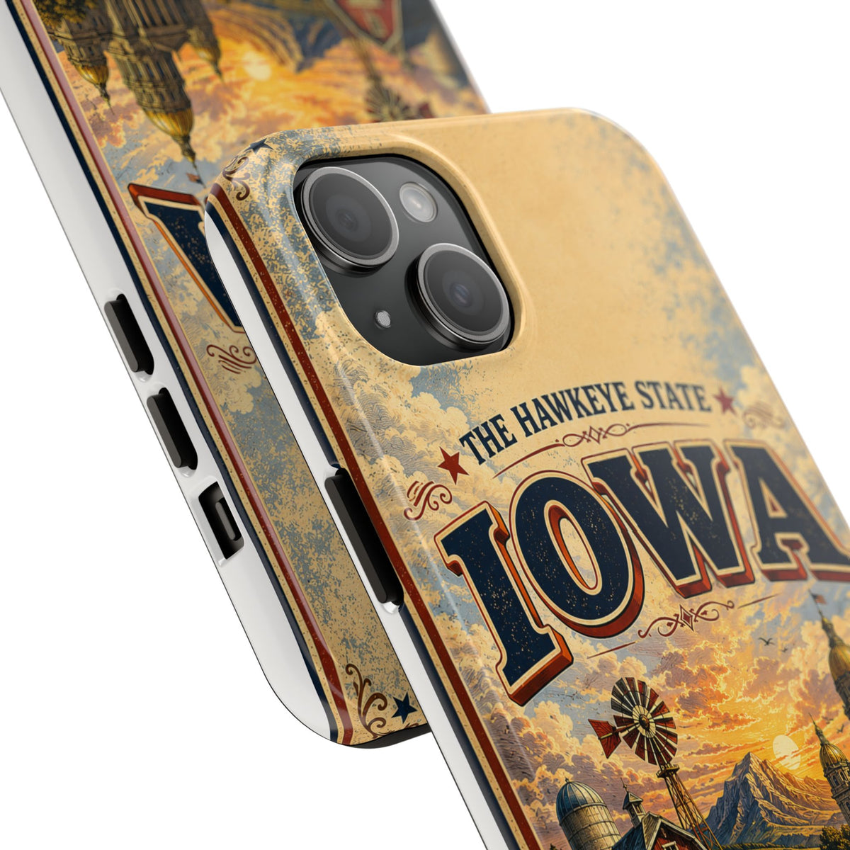 Iowa Hawkeye State Faux Patchwork Phone Case – Vintage Travel Poster Style Iowa Souvenir Cover for iPhone & Samsung