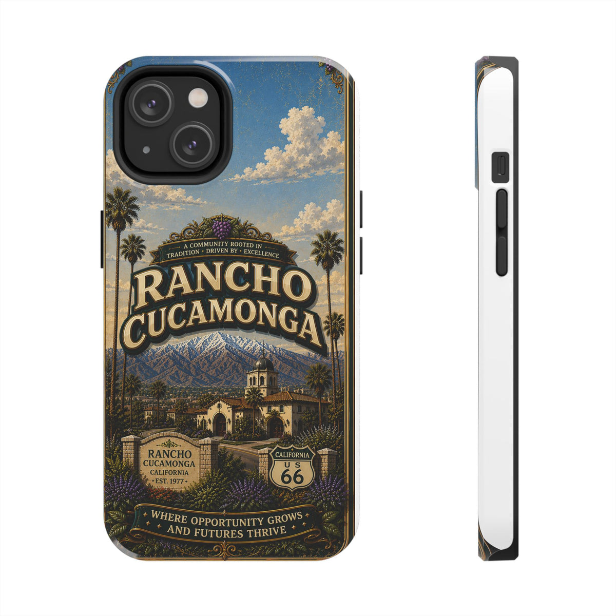 Rancho Cucamonga Where Opportunity Grows Faux Patchwork Phone Case – Route 66 Vintage Travel Art Cover