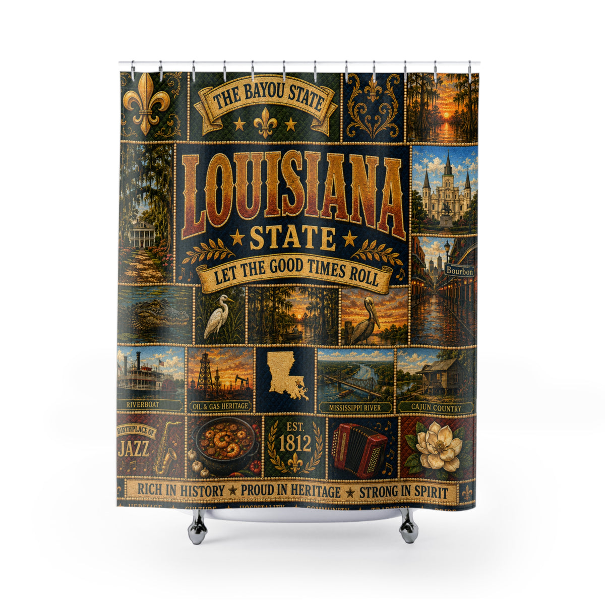 Louisiana Shower Curtain, Bayou State Decor, Cajun Jazz Faux Patchwork, Southern Landmark Bathroom Decor