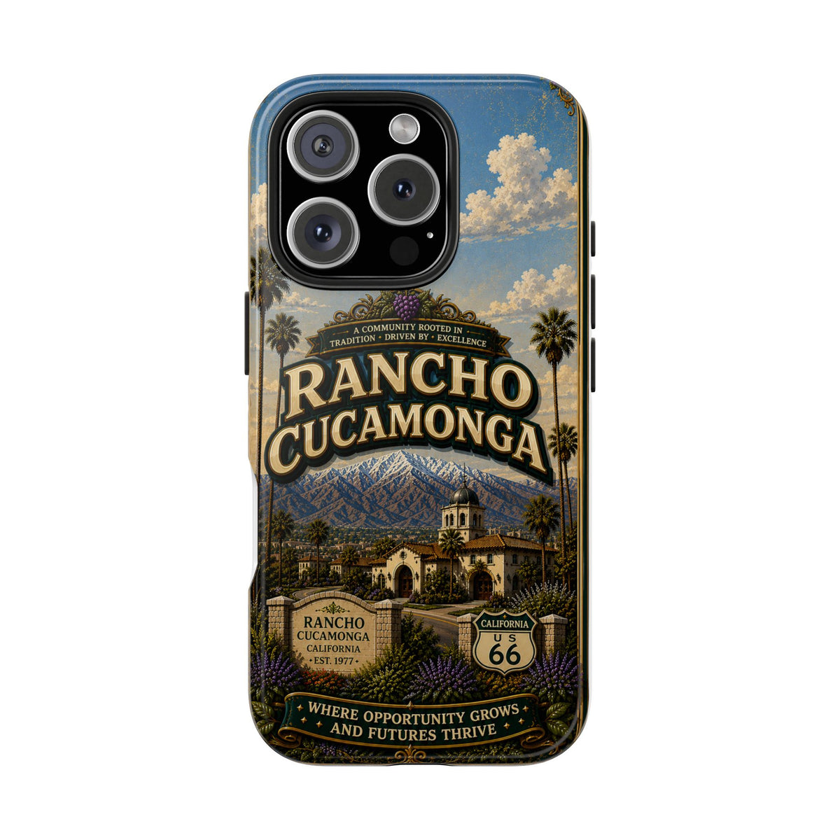 Rancho Cucamonga Where Opportunity Grows Faux Patchwork Phone Case – Route 66 Vintage Travel Art Cover