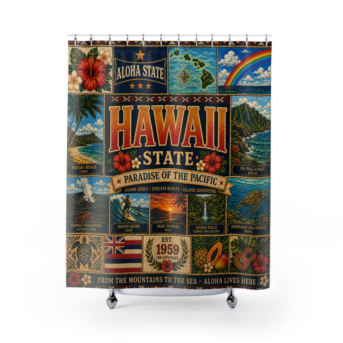 Hawaii Shower Curtain, Aloha State Decor, Tropical Island Faux Patchwork, Hawaiian Landmark Bathroom Decor