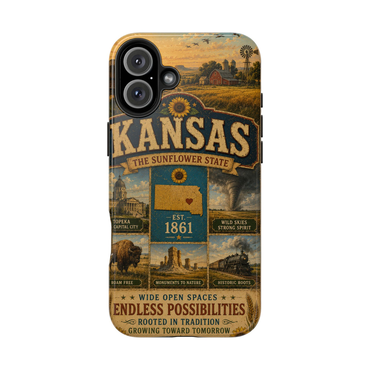 Kansas Faux Patchwork Phone Case – The Sunflower State Vintage Travel Poster Retro State Pride Cover Est 1861 for iPhone & Samsung