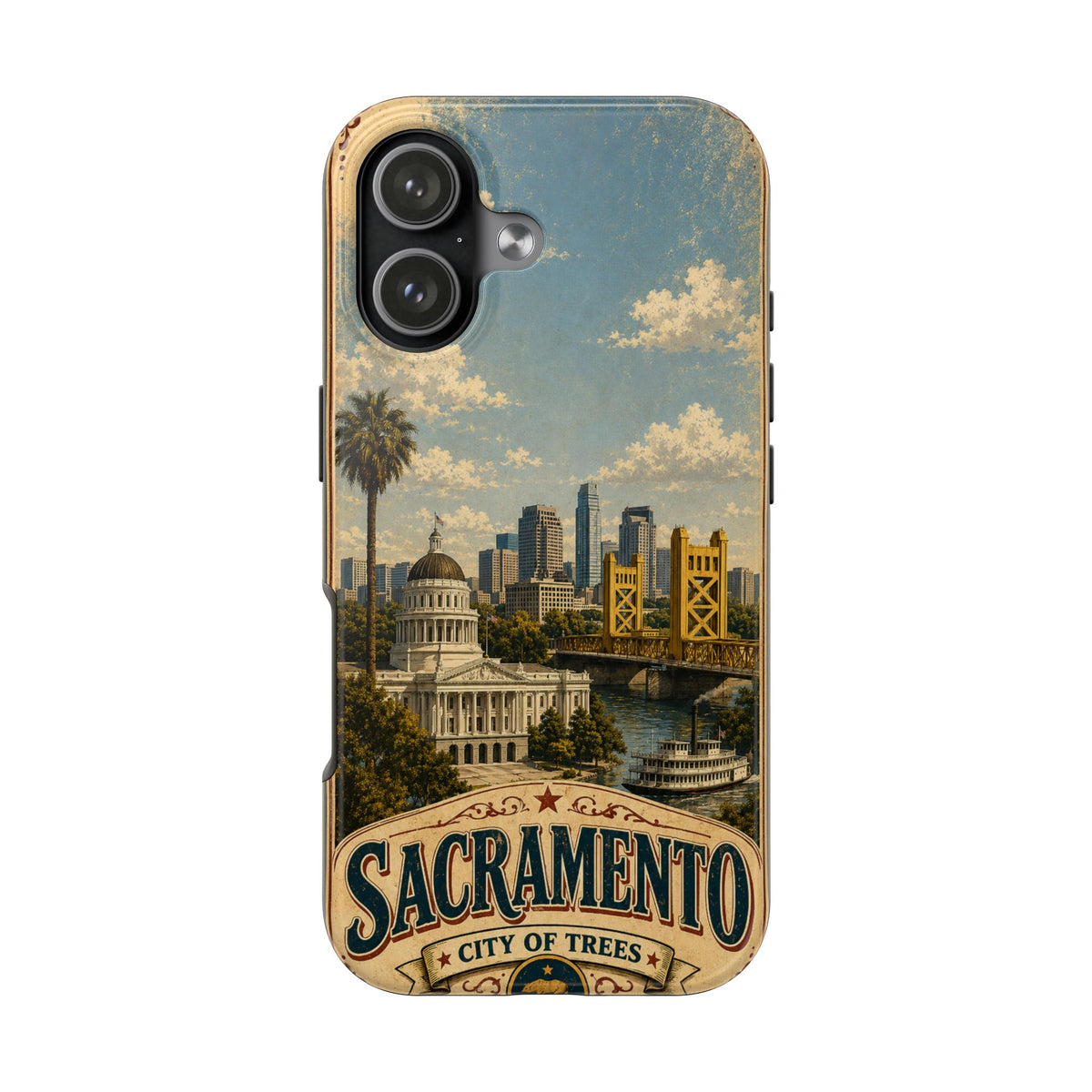 Sacramento City of Trees Faux Patchwork Phone Case Vintage California Landmark Travel Poster Cover