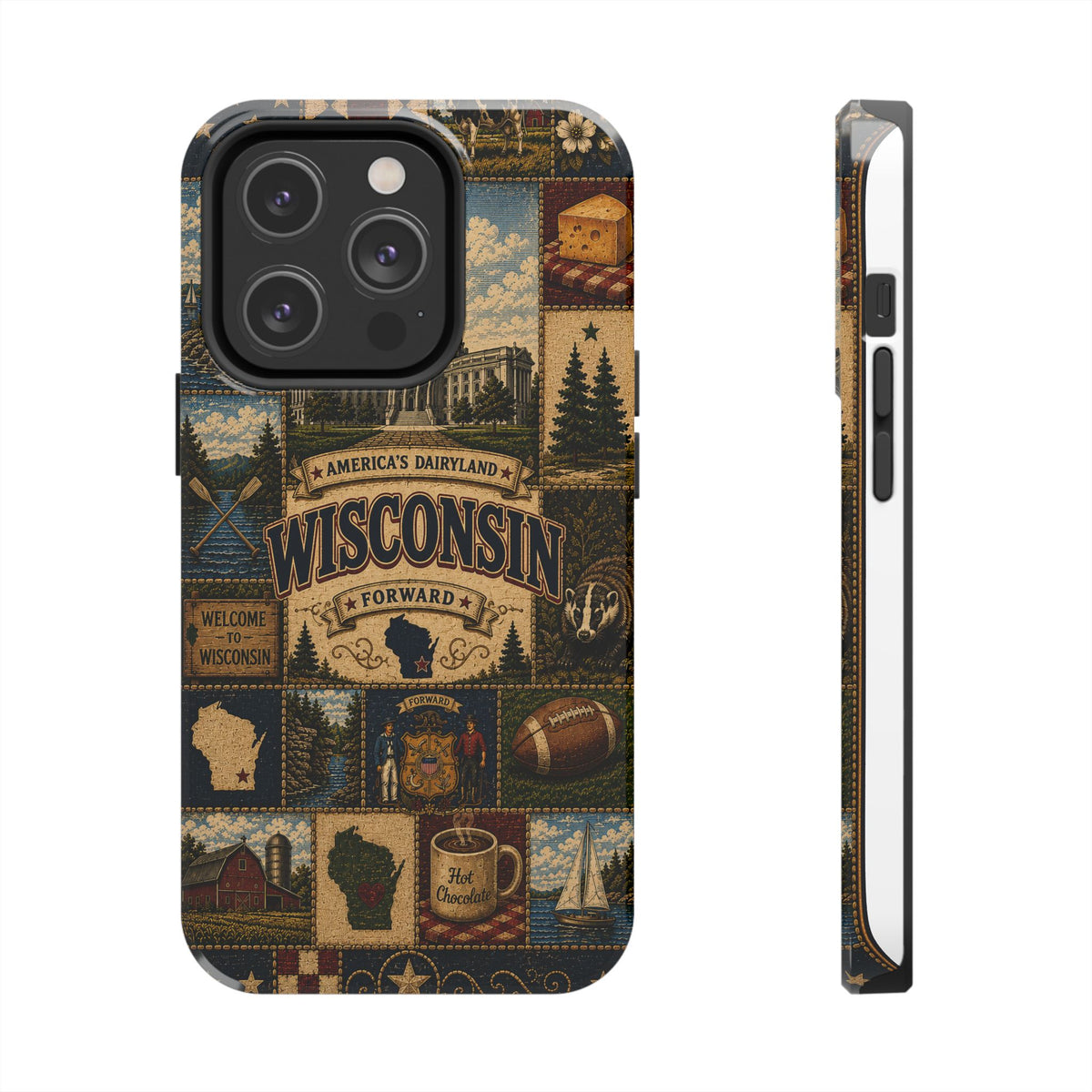 Wisconsin Faux Patchwork Phone Case Americas Dairyland Retro Barn Lighthouse Forward State Pride Cover