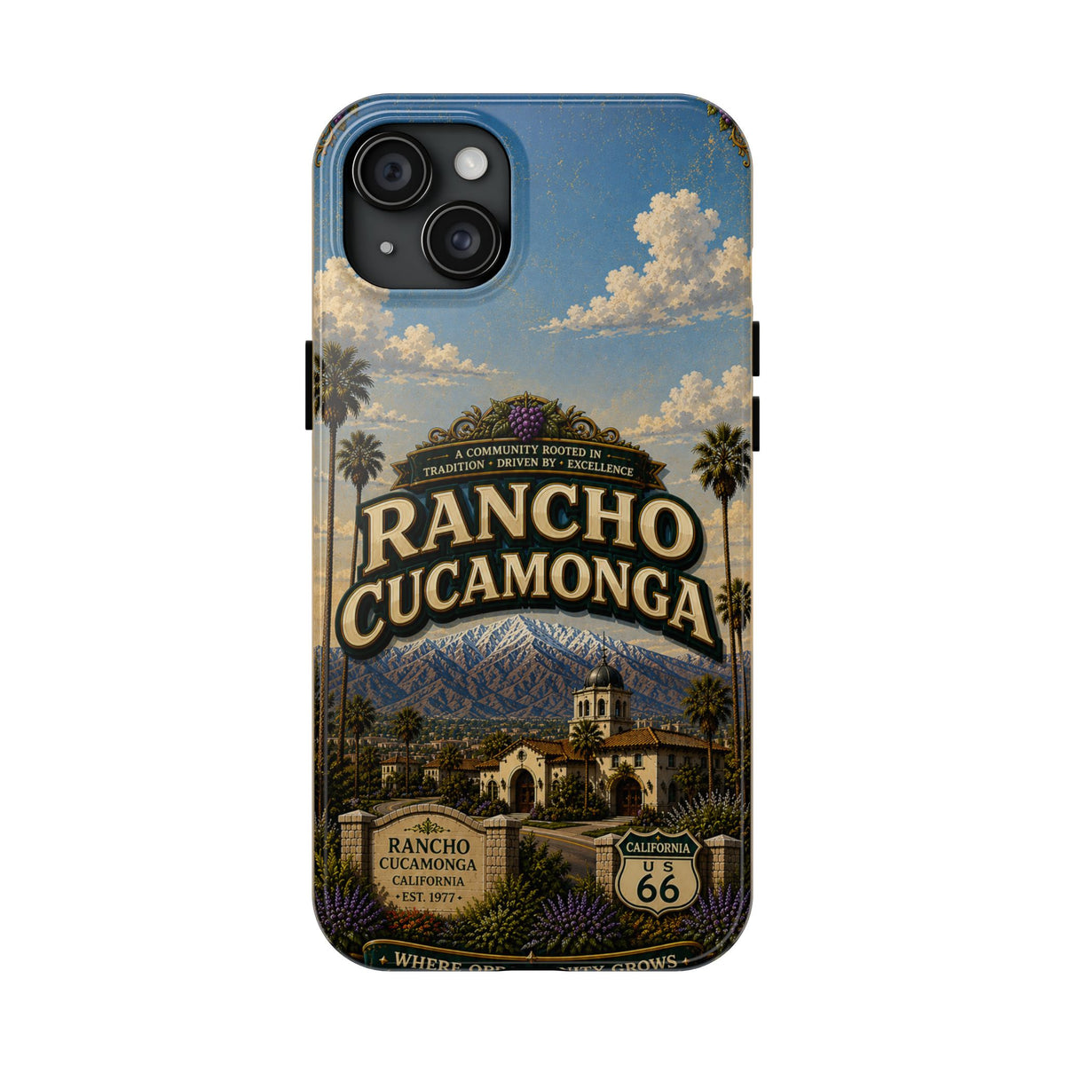 Rancho Cucamonga Where Opportunity Grows Faux Patchwork Phone Case – Route 66 Vintage Travel Art Cover