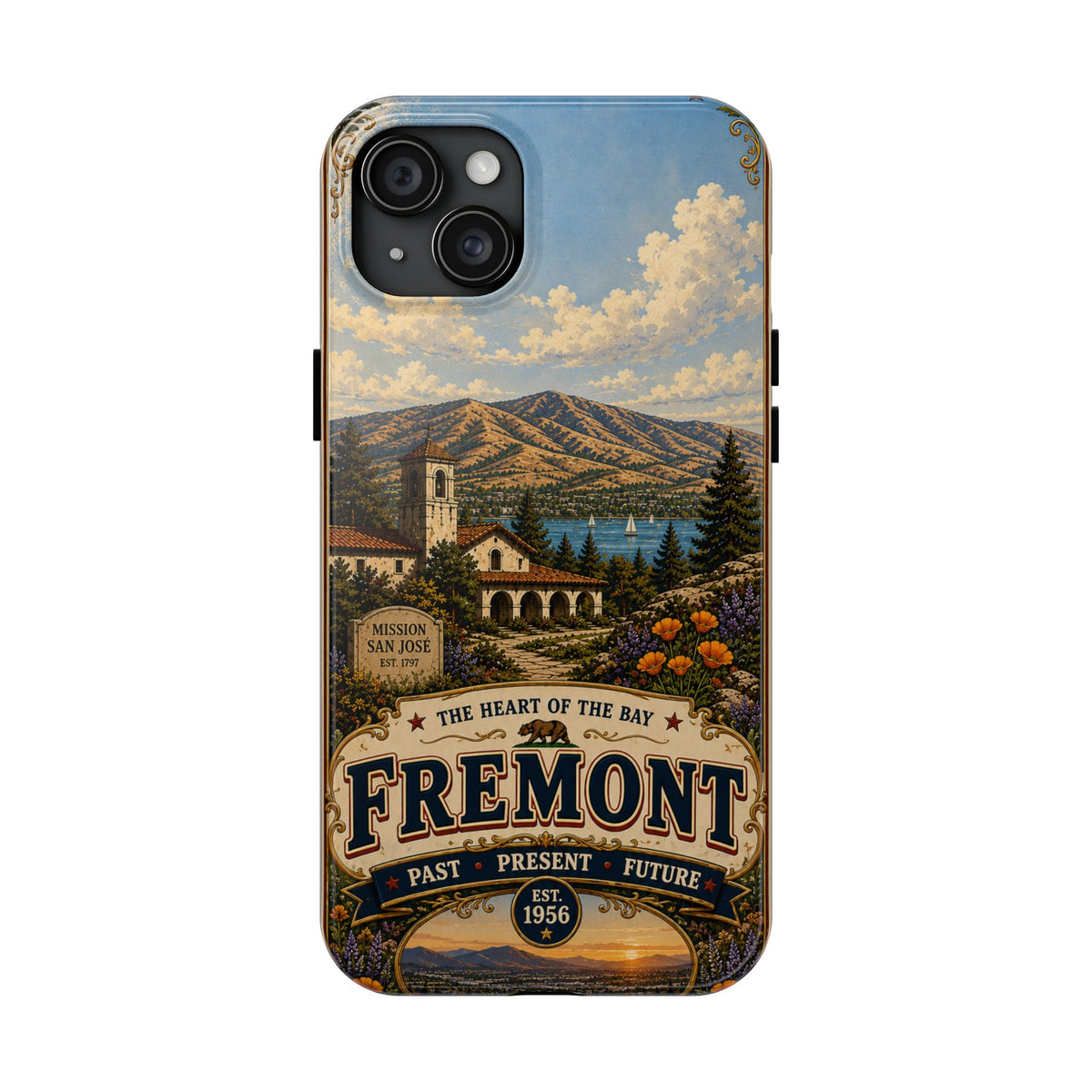 Fremont California Faux Patchwork Phone Case – Heart of the Bay Retro Travel Art, Mission San José Landmark Cover