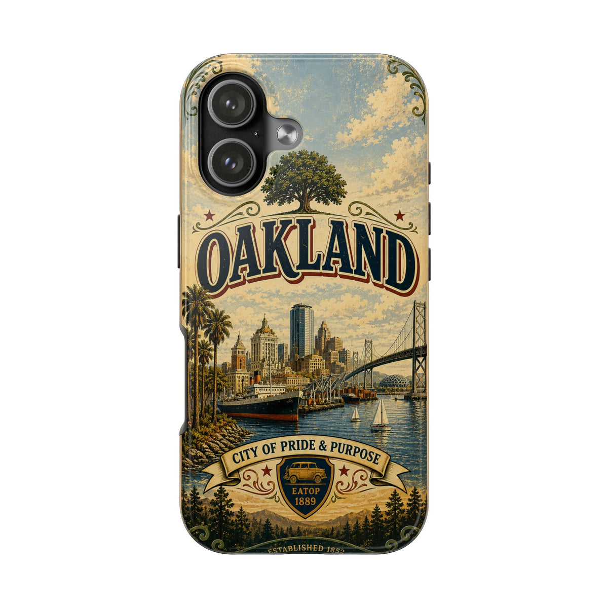 Oakland Bay Heritage Faux Patchwork Phone Case – City of Pride & Purpose Vintage Skyline Art Cover