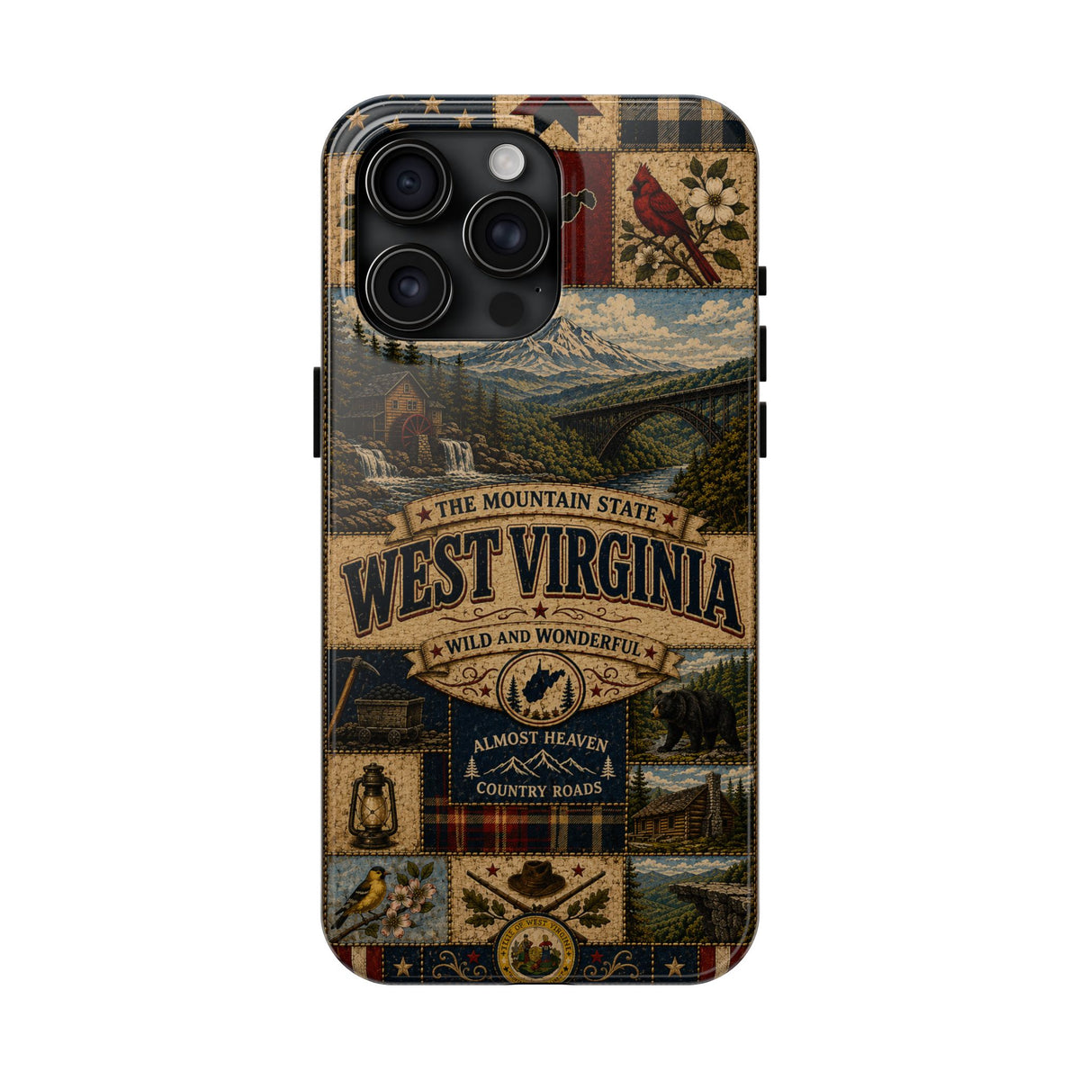 West Virginia Faux Patchwork Phone Case Mountain State Retro New River Gorge Bridge Wild and Wonderful Cover