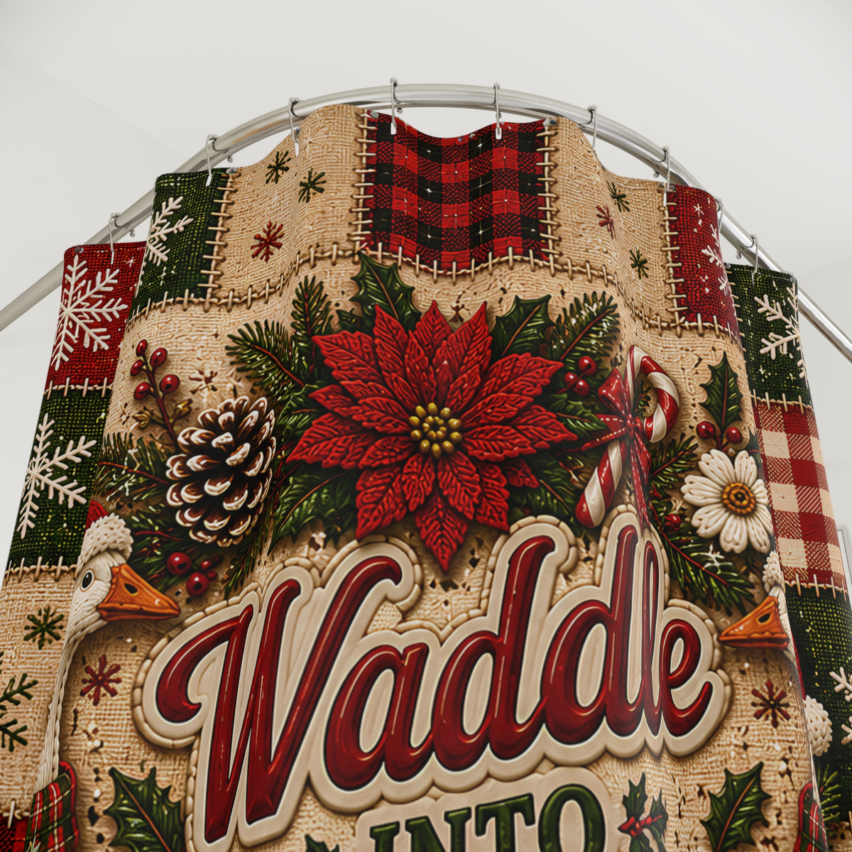 Christmas Goose Shower Curtain Waddle Into Christmas Festive Goose Faux Patchwork Rustic Farmhouse Holiday Bathroom Decor