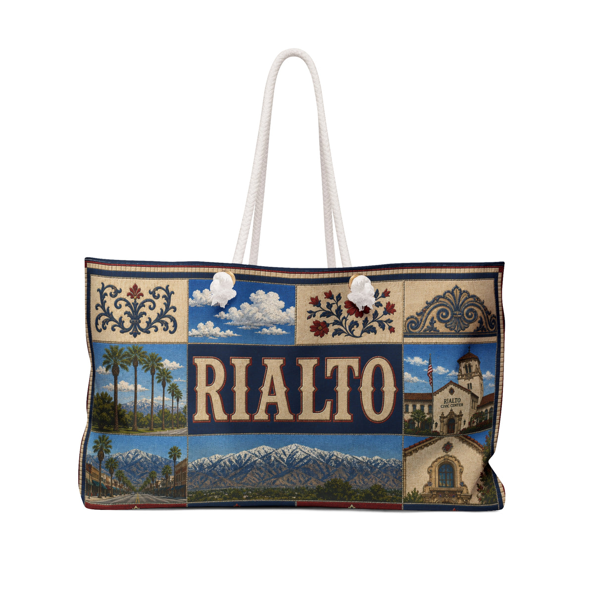 Rialto California Weekender Bag Heritage Pride Faux Patchwork Travel Tote Vintage Inland Empire Getaway Gift