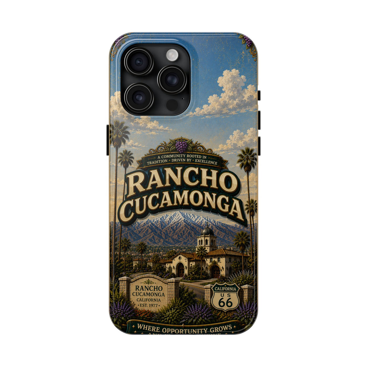 Rancho Cucamonga Where Opportunity Grows Faux Patchwork Phone Case – Route 66 Vintage Travel Art Cover