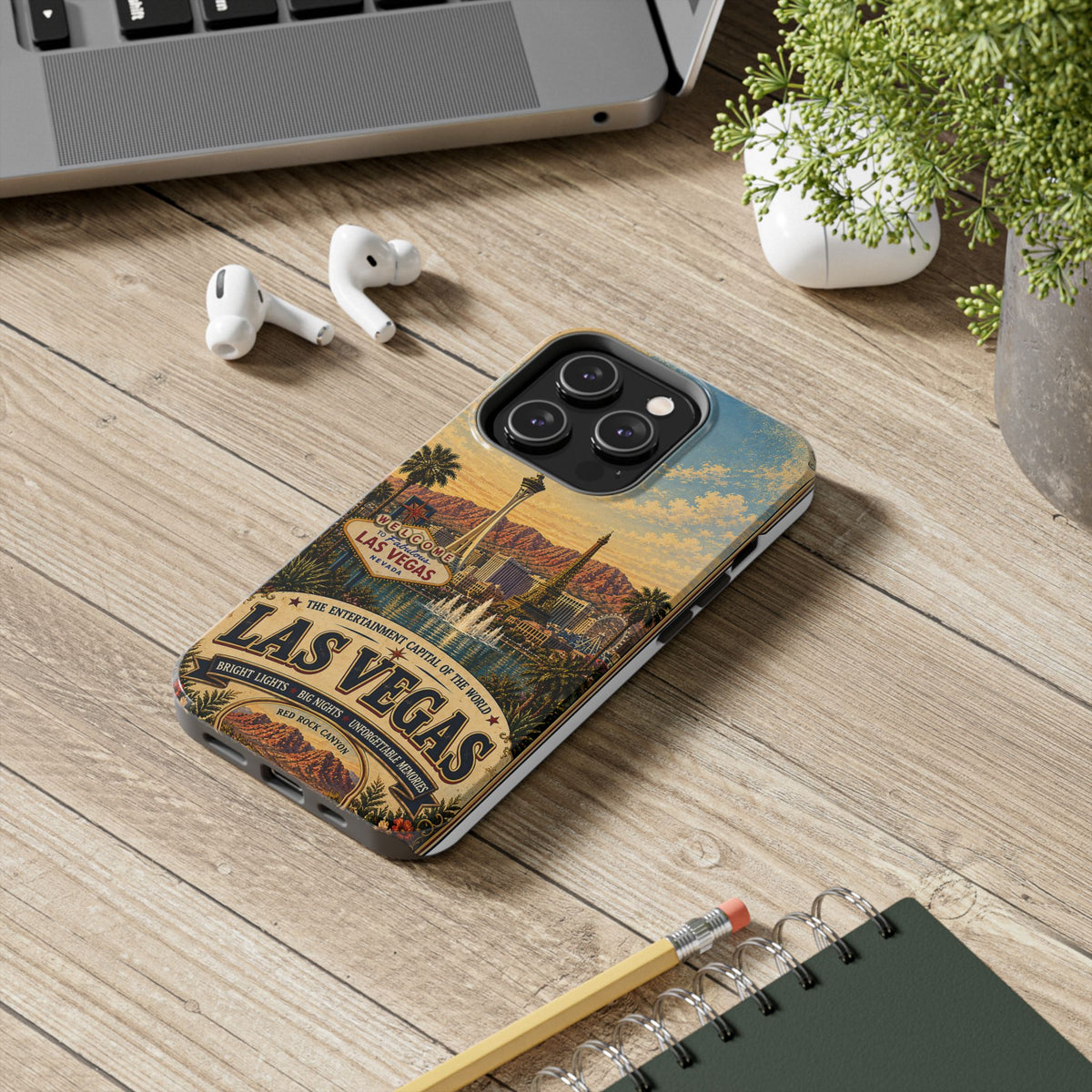 Las Vegas Faux Patchwork Phone Case – Entertainment Capital Retro Travel Art, Strip Skyline & Desert Sunset Cover