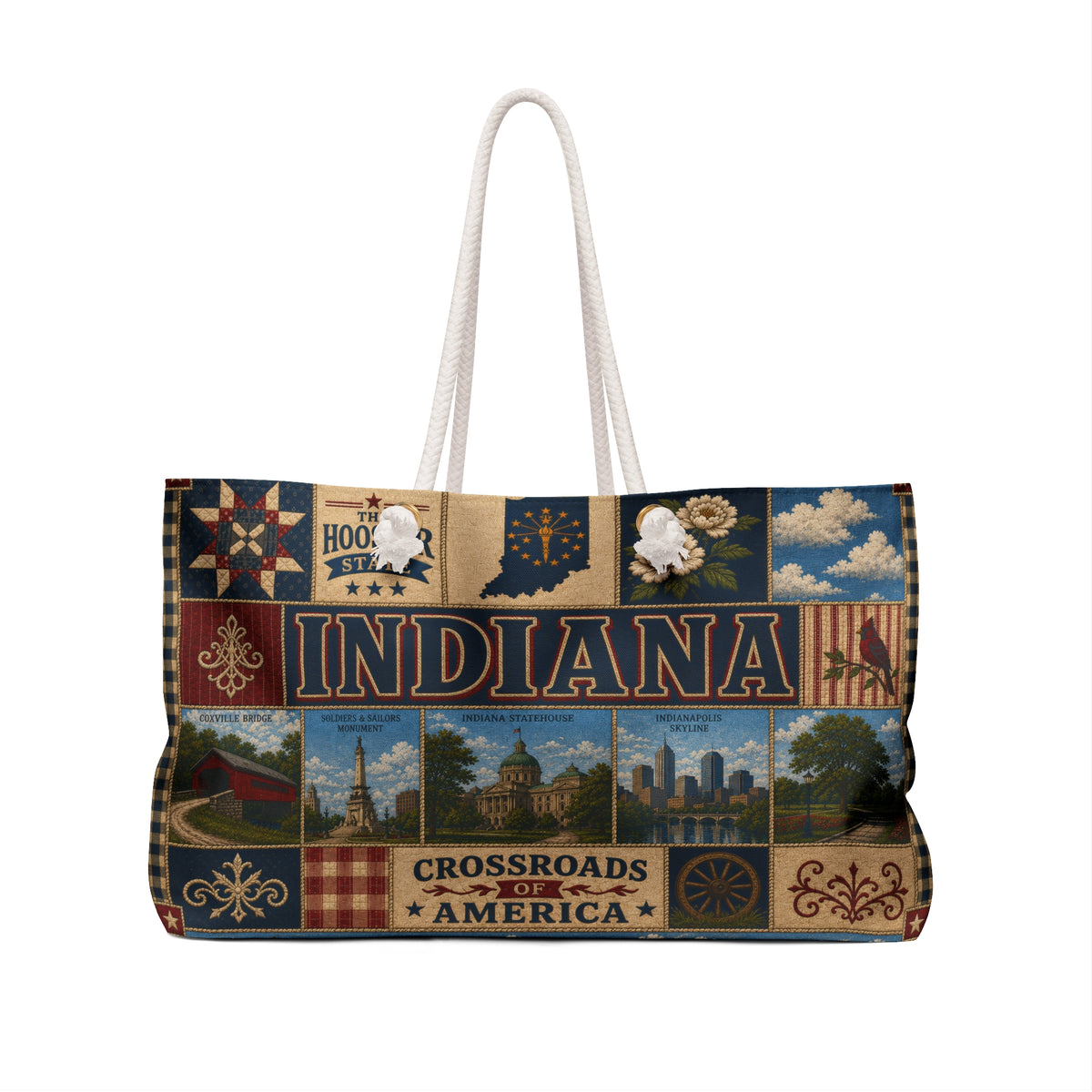 Indiana Weekender Bag Hoosier State Faux Patchwork Travel Tote Crossroads of America Vintage State Souvenir Gift