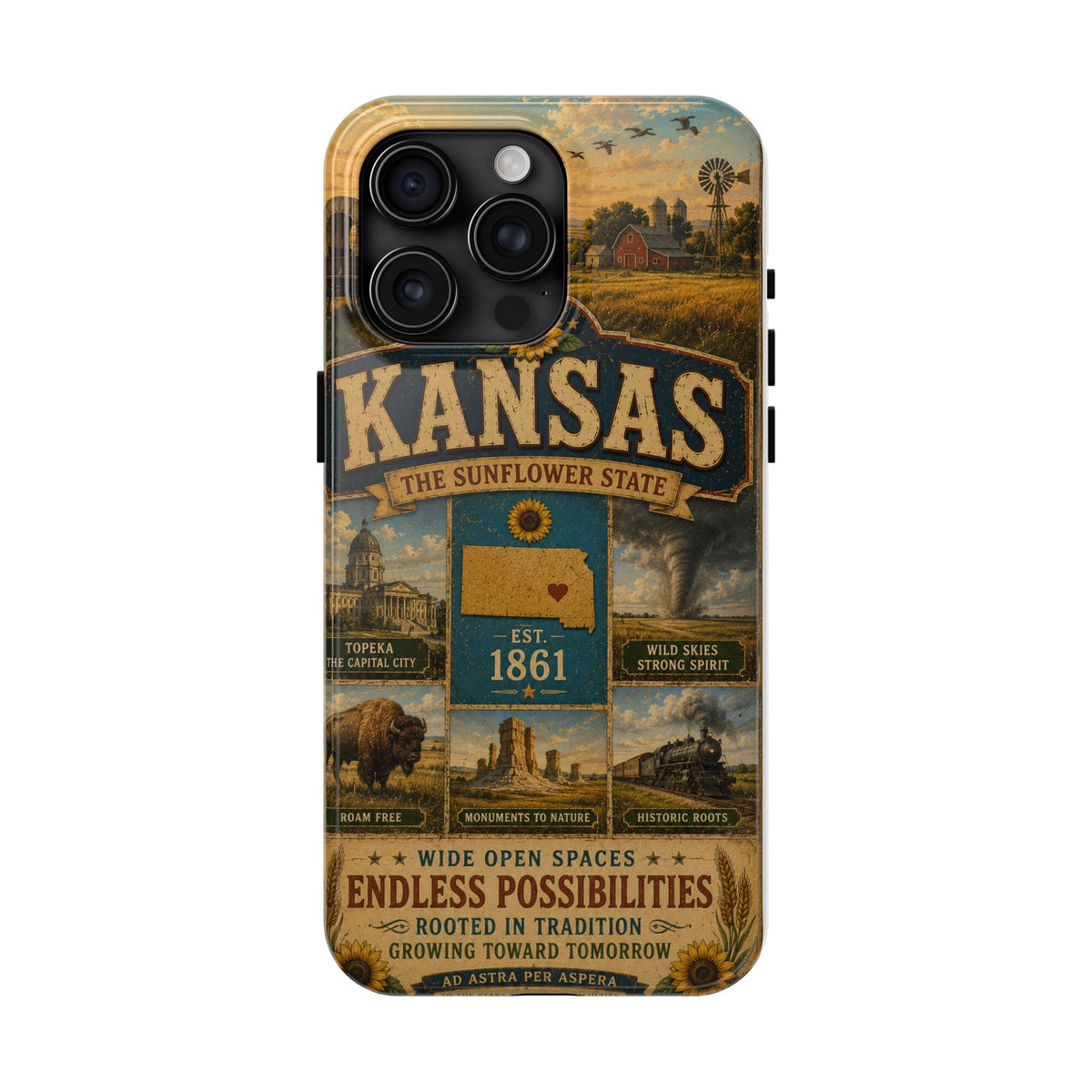 Kansas Faux Patchwork Phone Case – The Sunflower State Vintage Travel Poster Retro State Pride Cover Est 1861 for iPhone & Samsung
