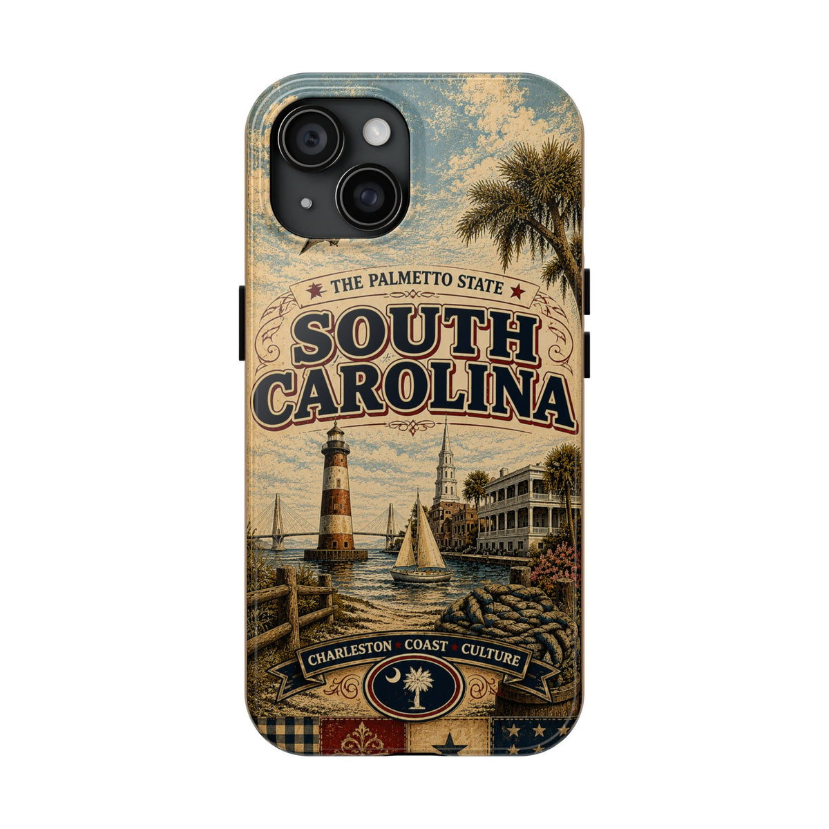 South Carolina Faux Patchwork Phone Case Palmetto State Retro Charleston Coastal Lighthouse State Pride Cover
