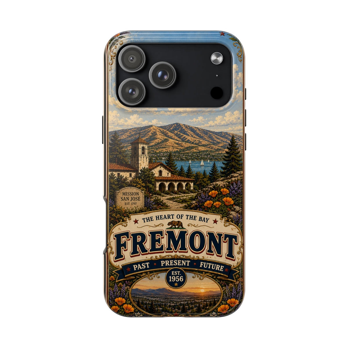 Fremont California Faux Patchwork Phone Case – Heart of the Bay Retro Travel Art, Mission San José Landmark Cover