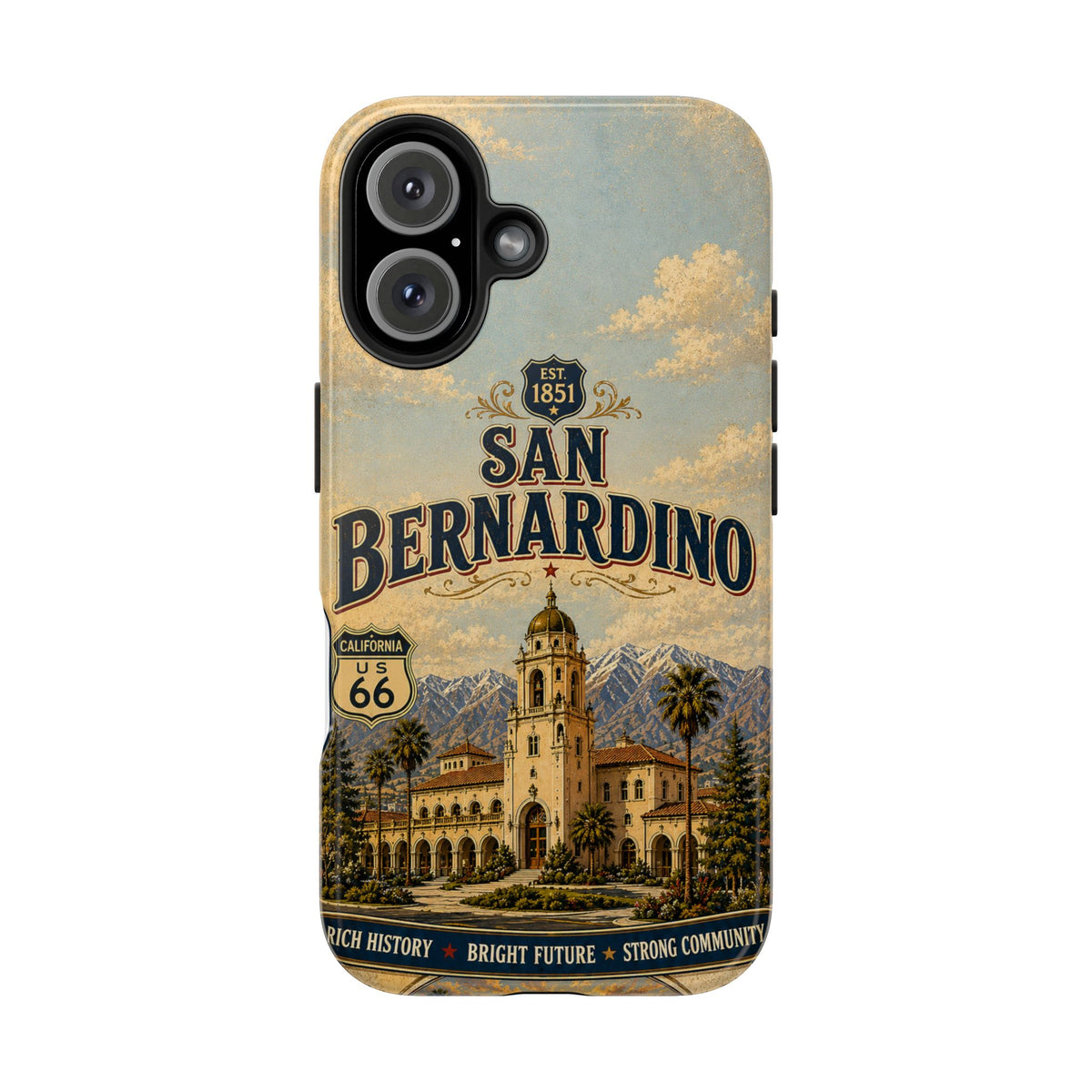 San Bernardino Route 66 Faux Patchwork Phone Case Vintage California Travel Poster Mountain Landmark Cover