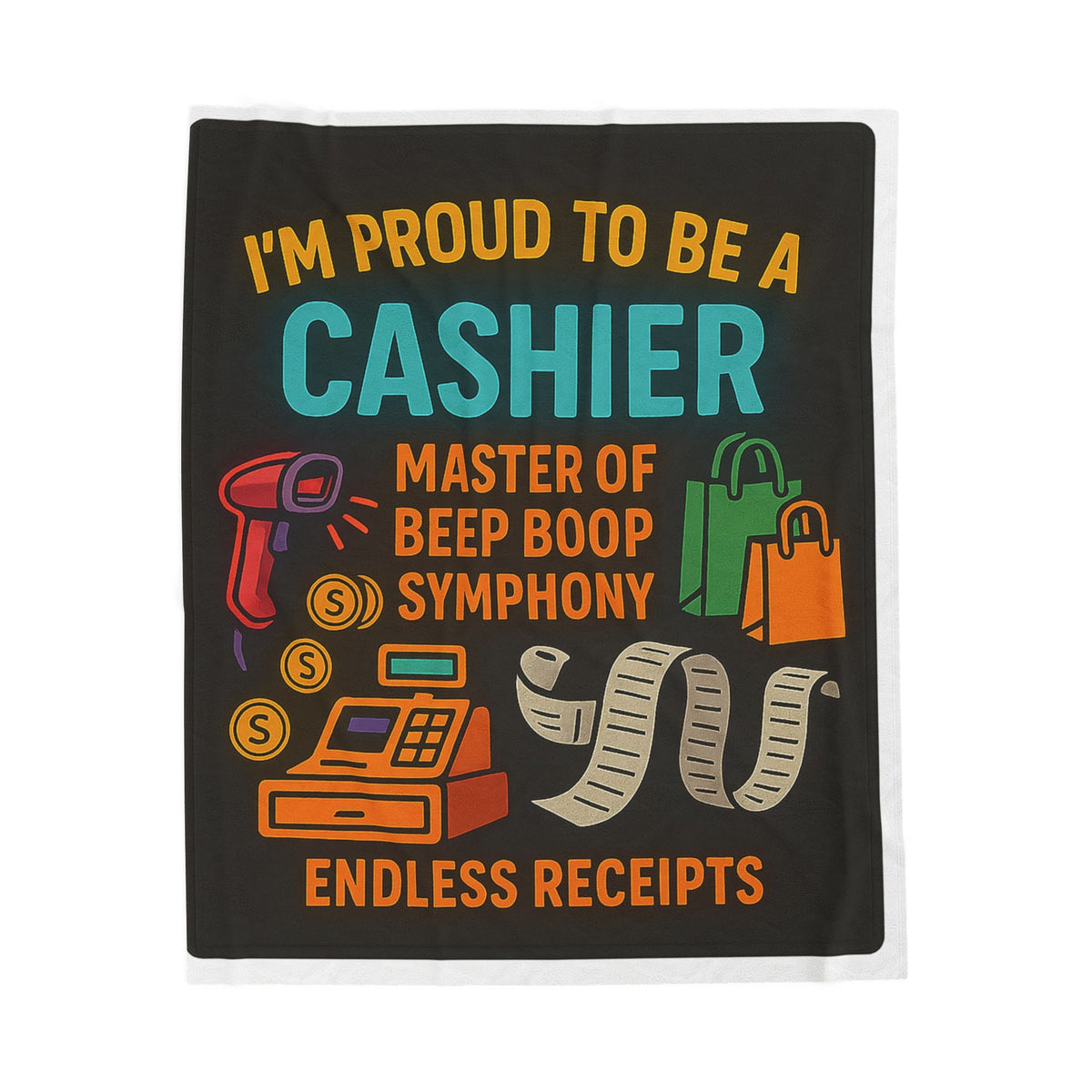 Cashier Velveteen Blanket – Funny Beep Boop Symphony & Receipts Cozy Throw