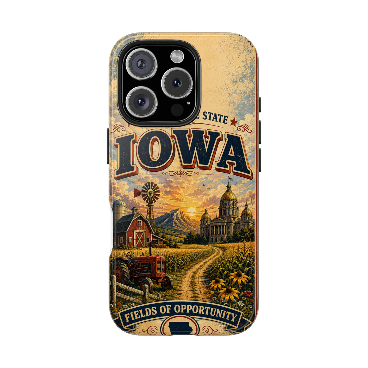 Iowa Hawkeye State Faux Patchwork Phone Case – Vintage Travel Poster Style Iowa Souvenir Cover for iPhone & Samsung