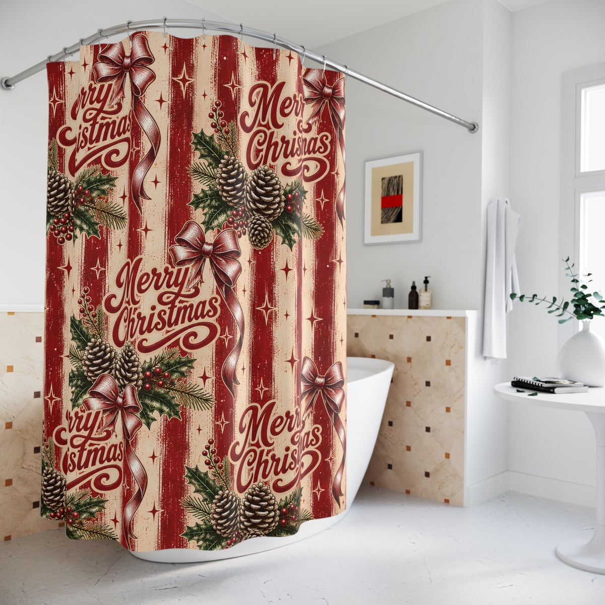 Merry Christmas Shower Curtain Pinecones Holly Berries Red Bows Rustic Stripes Farmhouse Holiday Bathroom Decor