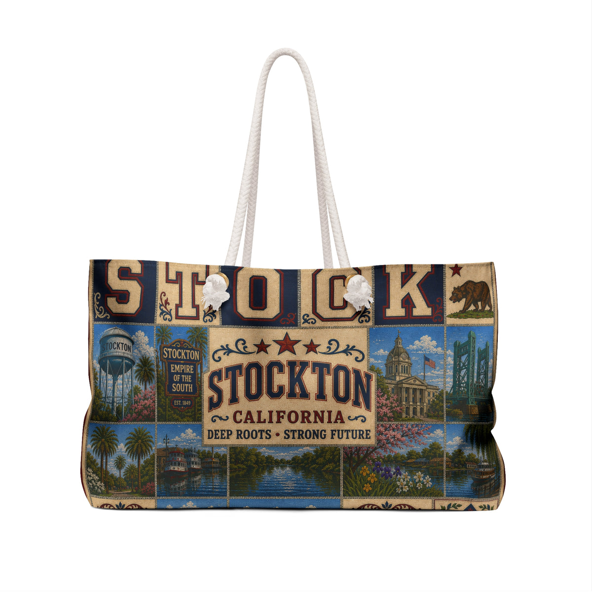 Stockton California Weekender Bag Deep Roots Strong Future Faux Patchwork Travel Tote Vintage River City Getaway Gift