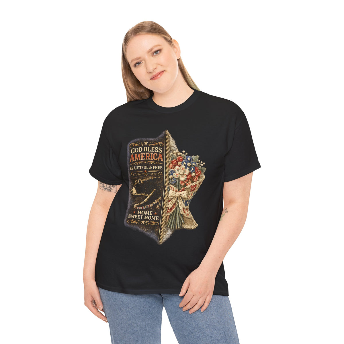 God Bless America T-Shirt — Patriotic "Home Sweet Home" Floral Design
