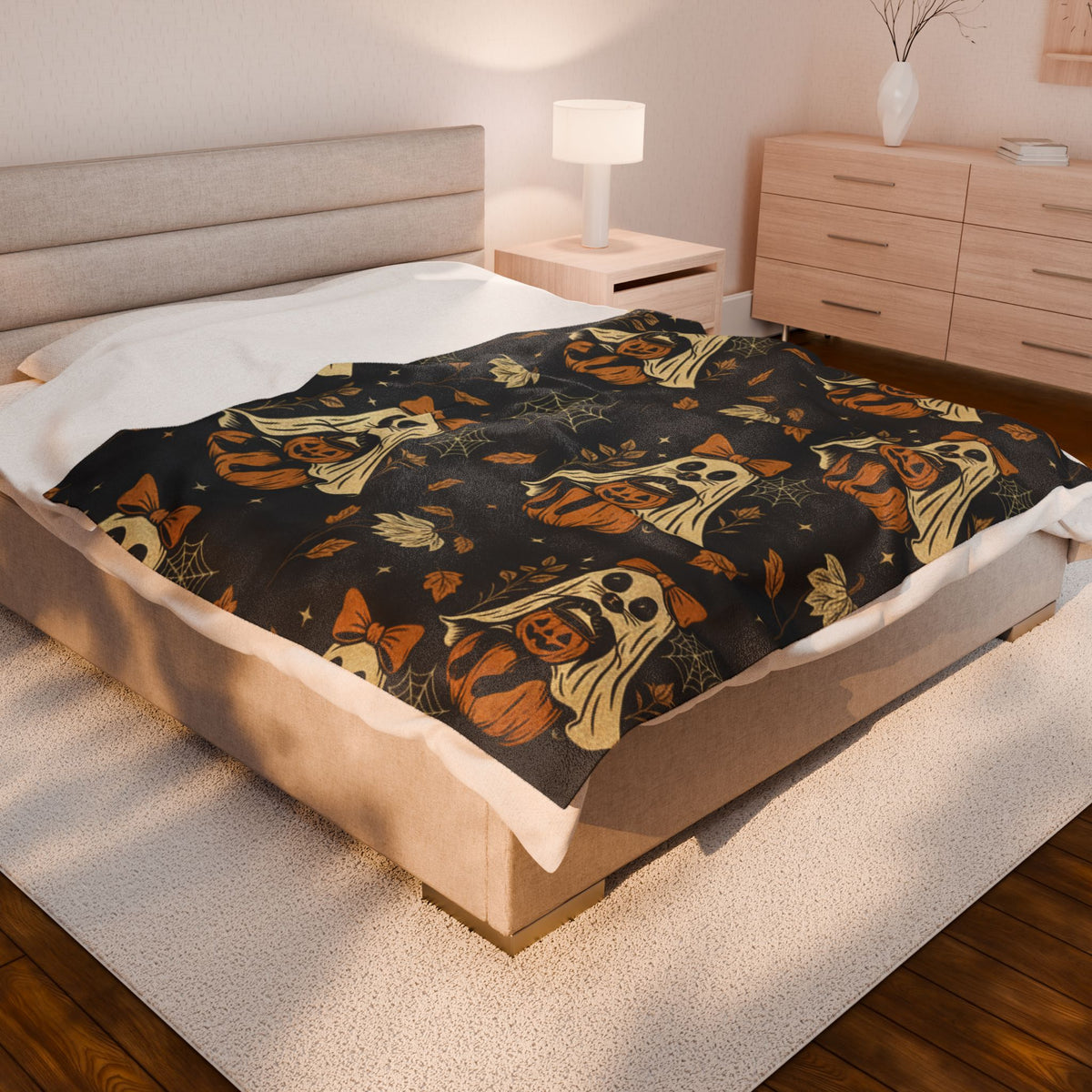 Velveteen Raccoon Ghost & Pumpkin Halloween Blanket – Soft Spooky Fall Throw