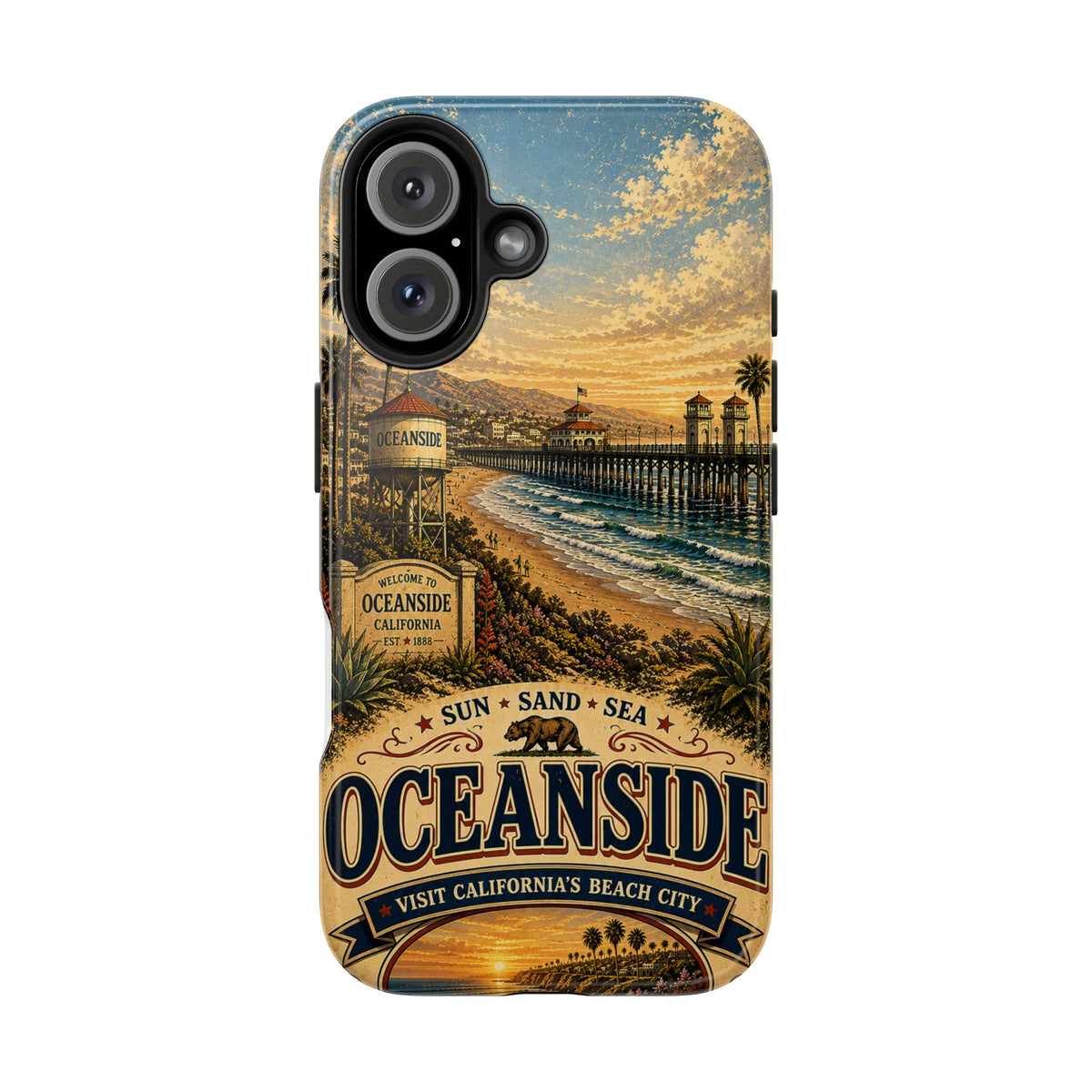 Oceanside Sunset Pier Faux Patchwork Phone Case – California Coastal Vintage Travel Art Beach Cover
