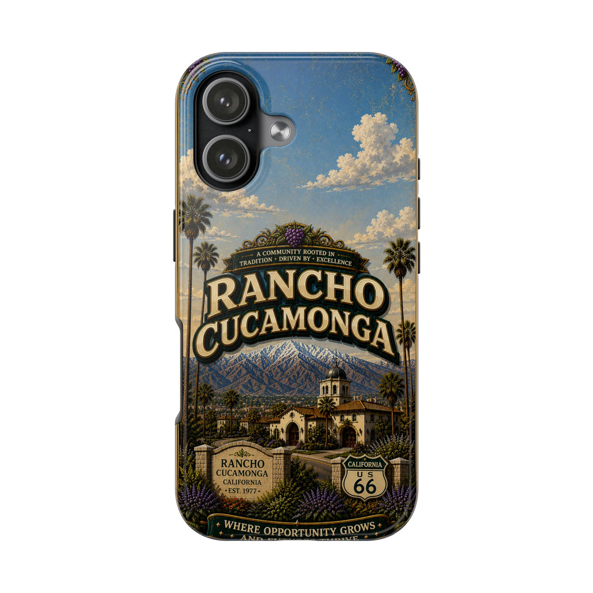 Rancho Cucamonga Where Opportunity Grows Faux Patchwork Phone Case – Route 66 Vintage Travel Art Cover