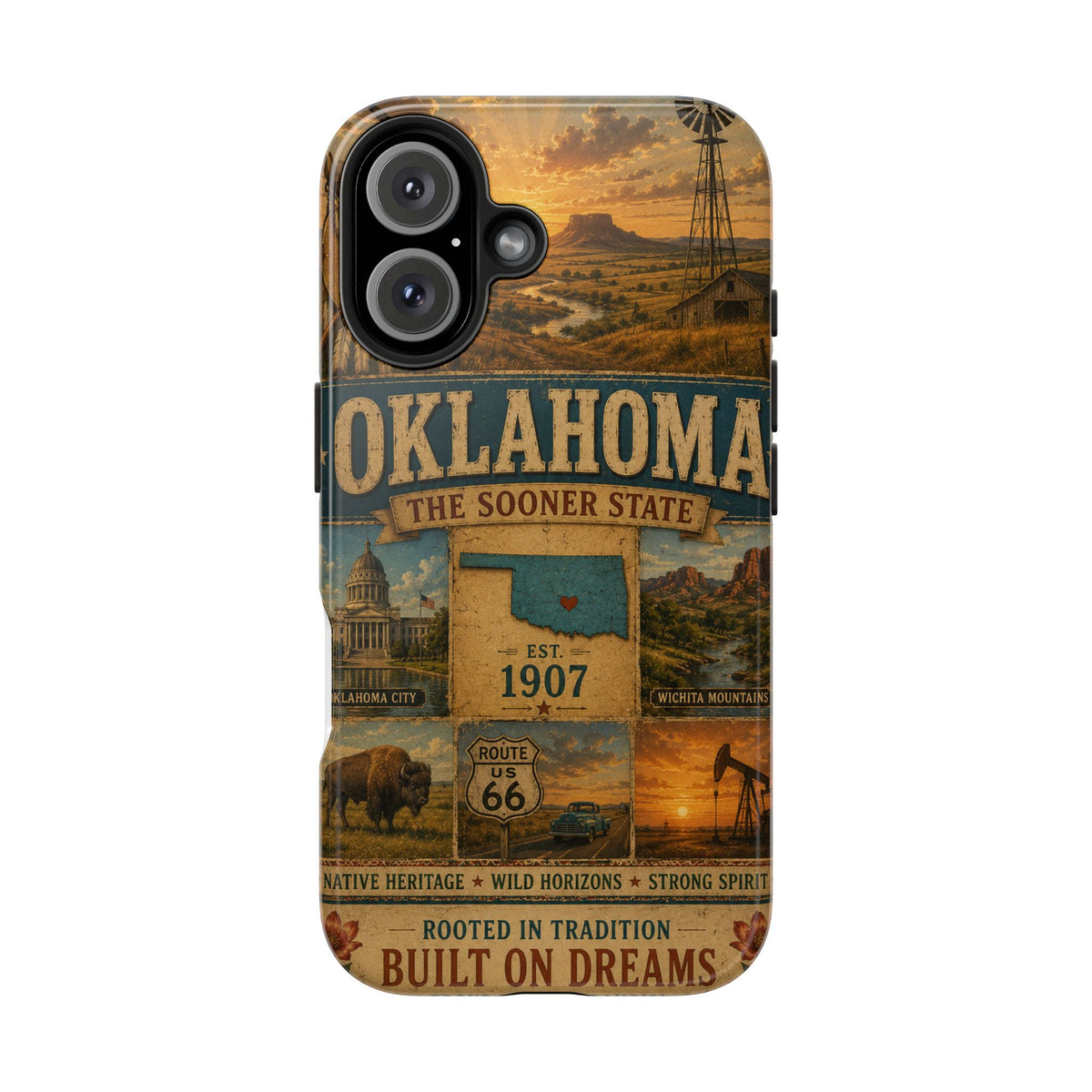 write me a title and product description for this United State phone case with Slogan  "Oklahoma Faux Patchwork Phone Case The Sooner State Vintage Travel Poster Retro State Pride Cover Est 1907"...